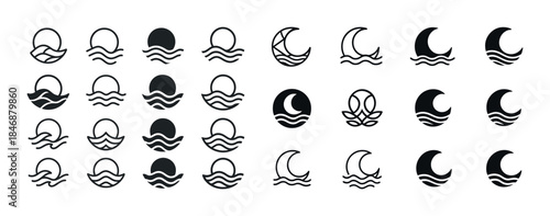 Set of circular wave and moon icons in black and white
