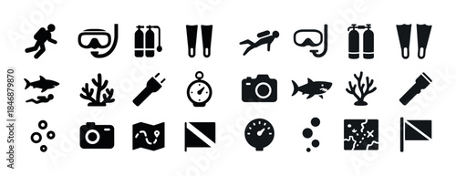 Diving icons set: snorkeling, scuba gear, underwater exploration