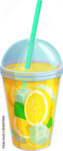 Cartoon takeout cup of lemonade, lemon juice refreshing drink. Citrus fruit delicious cocktail vector cup, fresh juice fastfood beverage. Summer refreshing drink or natural lemonade with ice and mint