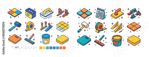 Colorful tile installation tools and materials in isometric styl