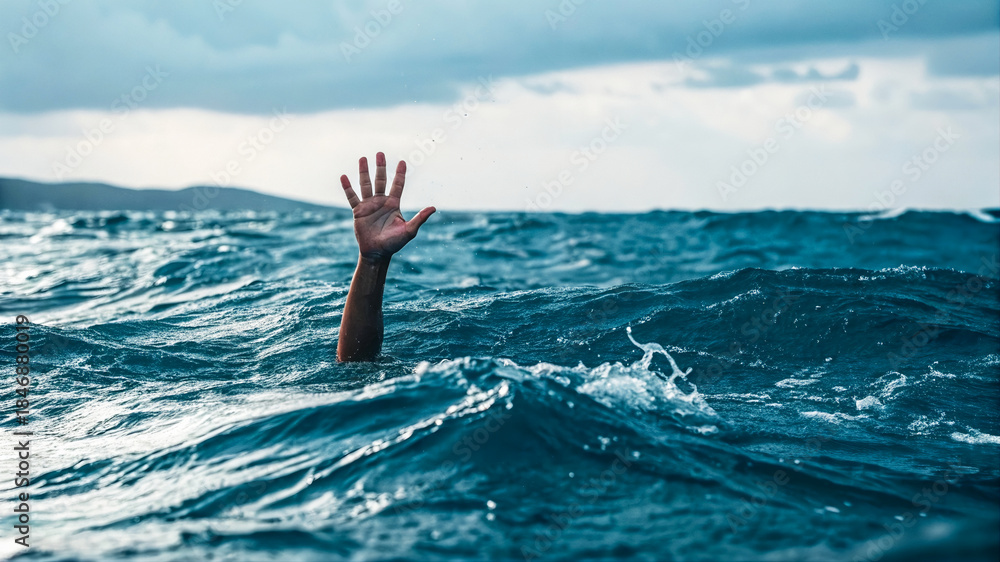 Fototapeta premium Person Struggling in Ocean Waves: A Hand Reaching Out from Turbulent Waters, Battling Natural Elements Amidst the Chaotic Struggle.