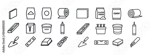 Line icons of construction tools and materials for building proj