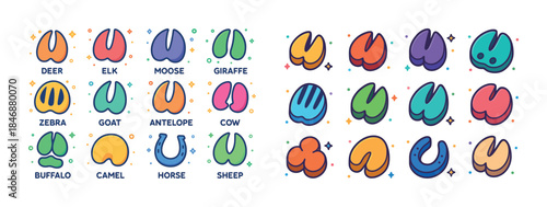 Colorful animal hoof prints collection: horse, deer, moose, goat