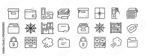 Set of linear office icons: folders, files, cabinets, locks, spi