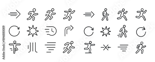 Dynamic action icons set featuring running, walking, and arrows