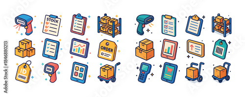 Colorful inventory management icons: barcode scanners, clipboard