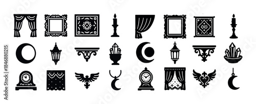 Collection of vintage decorative icons featuring clocks, candles