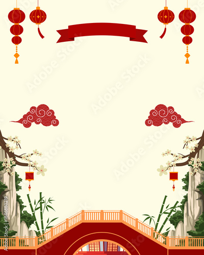 PNG image with text of Traditional chinese new year celebration background template featuring red lanterns cherry blossoms bamboo and an ornate bridge for festive greetings on transparent background