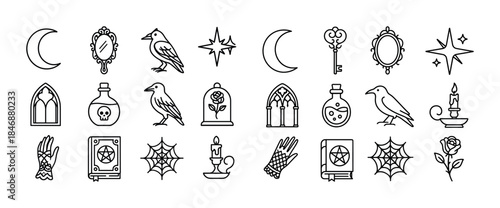 Collection of gothic and occult icons featuring ravens, moons, a