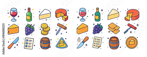 Cheese and wine icons with grapes and crackers