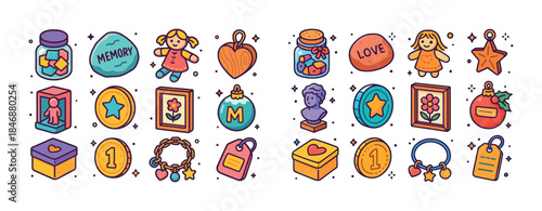 Colorful collection of memory-themed objects and cute illustrate