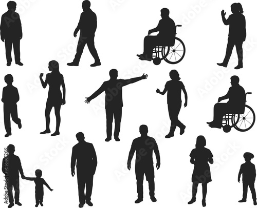 People silhouettes set including families couples individuals and wheelchair users isolated in black for infographics presentations urban planning