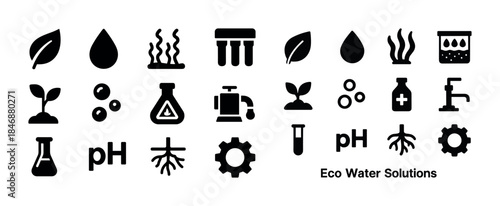 Eco water solutions icons: sustainability, filtration, plant gro