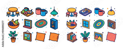 Colorful illustrated homeware and decor collection including fur