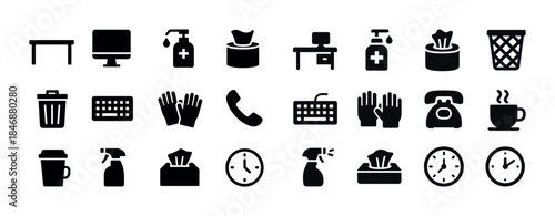 Set of office and hygiene icons including desk, monitor, and san