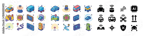 Colorful autonomous vehicle icons and symbols featuring gps and