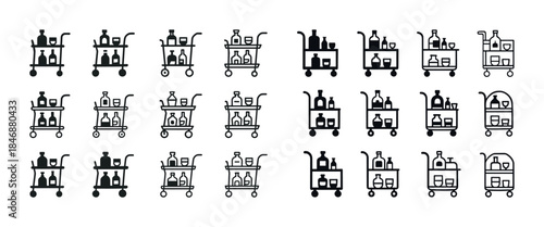 Set of various beverage carts in minimalist black and white icon