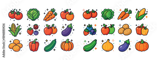 Colorful cartoon vegetables and fruits collection with sparkles