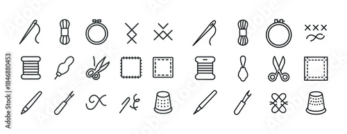 Collection of sewing tools and stitch icons in line art style