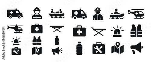 Emergency response icons set: ambulance, helicopter, life vest,