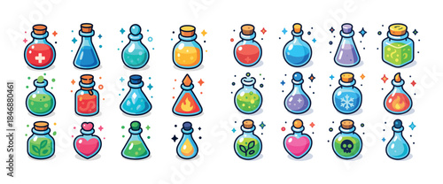 Collection of colorful magical potion bottles with unique symbol