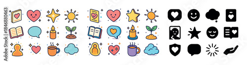 Colorful and monochrome icon set with hearts, stars, books, and