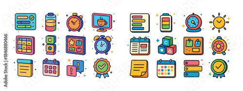 Colorful cartoon icons of clocks, calendars, and reminder tools