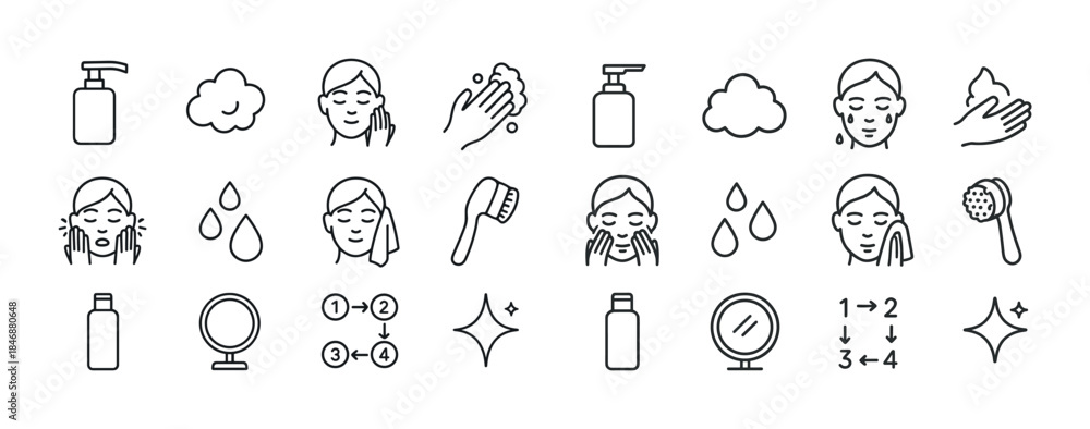 Naklejka premium Skincare routine icons set with face wash and moisturizer illust