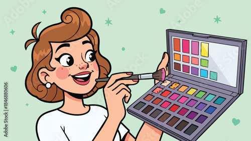 Joyful young woman applies makeup with a colorful palette and brush on a pastel background with subtle embellishments