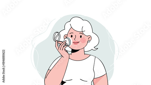Illustration of a woman applying makeup with a compact powder and puff against a minimalist backdrop ideal for beauty blogs and cosmetic promotions