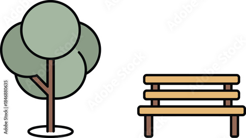 Minimalist park icons with tree and wooden bench in soft pastel colors flat vector illustration design