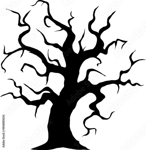 Halloween creepy crooked tree trunk silhouette. Garden scary leafless vector trunk silhouette, cemetery dead plant. Forest spooky crooked tree form or Halloween horror graveyard dry wood shape