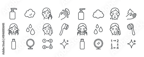Skincare routine icons set with face wash and moisturizer illust