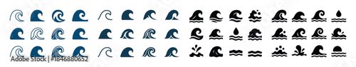 Various wave icons in blue and black on white background