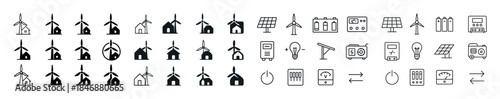 Wind turbine and solar energy icons in black and white