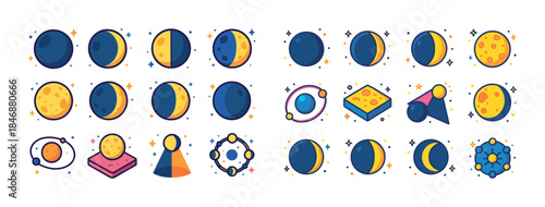 Colorful lunar phases and celestial icons collection
