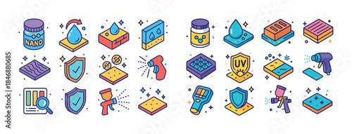 Nano coating icon set: water repellent, uv protection, spray app