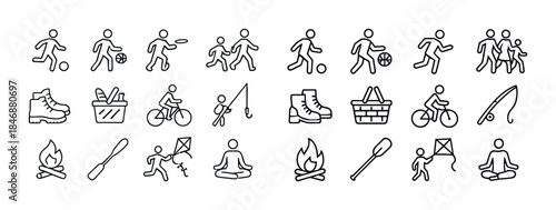 Stylized outdoor recreation icons: sports, cycling, family, camp