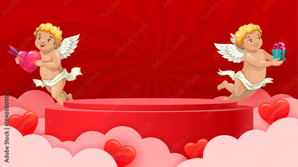 Obraz premium Red podium stand with cherub Cupids and love hearts, vector Valentine Day holiday. 3d round red stage, display stand or podium pedestal, cartoon cute Cupid angels with gift box and pierced heart
