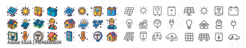 Clean energy icons: solar panels, batteries, and electric vehicl