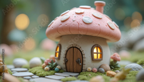 A close-up 3D clay style mushroom house