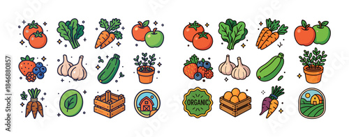 Colorful organic vegetables and fruits collection with icons and