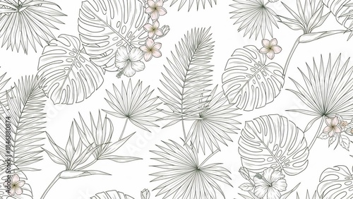 Botanical Serenity: Delicate line art weaves a tapestry of tropical leaves, and blossoms, creating a visual symphony of natural elements, evoking a sense of tranquility.