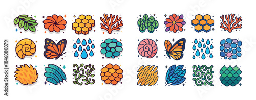 Colorful nature icons: leaves, flowers, honeycombs, coral, shell