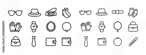 Collection of fashion accessories icons: glasses, hat, belt, soc