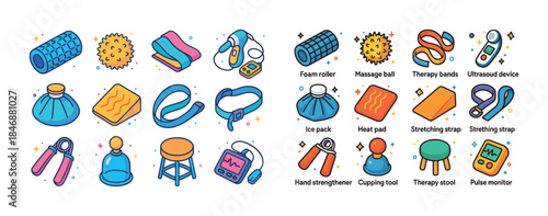 Colorful collection of therapy and exercise equipment illustrati