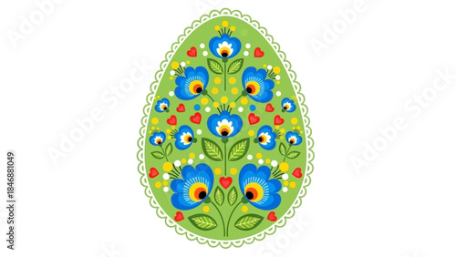 Vibrantly decorated Polish folk art Easter egg with blue flowers and red hearts on a green background, featuring a delicate lace border.