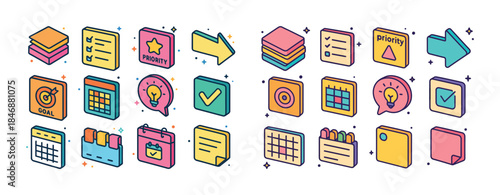 Colorful business icons illustrating planning and goal setting
