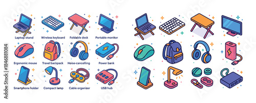 Colorful tech gadgets collection: laptops, headphones, desks, an