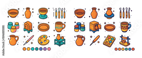 Colorful pottery and art tools collection with paints and palett